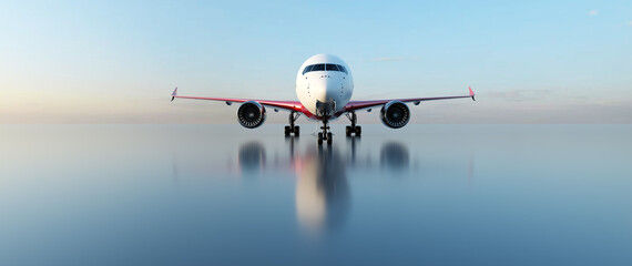 airplane on runway at sunset. passenger aircraft, commercial airline.