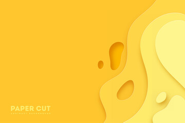Poster - Yellow background with paper cut shapes. Vector illustration. 3D abstract carving art
