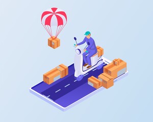 Poster - Tracking delivery smartphone isometric concept. Courier delivery visible from web application white scooter carries box goods from behind, boxes sides waiting their vector line new ones parachuted.