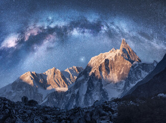 Wall Mural - arched milky way over the beautiful mountains at night in himalayas, nepal. colorful space landscape