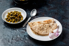 Roti And Bhindi Fry, Famous Indian Meal Flatbread And Okra Fry