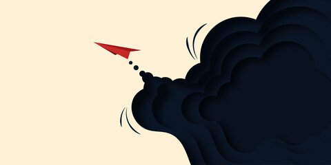 Aufkleber - Red paper airplane flying on dark blue paper cut background landing page website template.