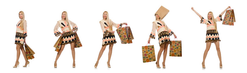 Woman with shopping bags on white