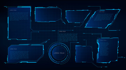 Poster - Hud tech title frame, interface. Virtual futuristic callouts grid display blue ui hologram user interface modern vector dashboard future graphic cyberspace electronic menu.