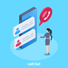 isometric vector image on a blue background, a woman stands near a smartphone on the screen of which a list of calls is displayed