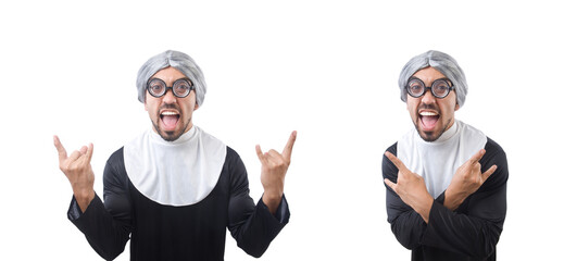 Wall Mural - Man wearing nun costume isolated on white