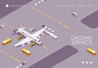 Wall Mural - The isometric landing page of the aircraft before takeoff or after arrival is served on the runway. Ground service concept banner