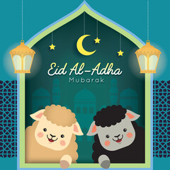 Wall Mural - Eid al adha mubarak greeting card. Cute cartoon black sheep and white sheep with fanous lantern & mosque. Festival of Sacrifice vector illustration.