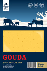 Wall Mural - Vector gouda cheese packaging with cows and milk splash. Realistic cheese texture