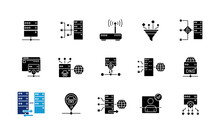 Proxy Server Black Glyph Icons Set On White Space. Internet Data Access, Virtual Connection, Cybersecurity Silhouette Symbols. Different VPS Network Structure Types. Vector Isolated Illustration