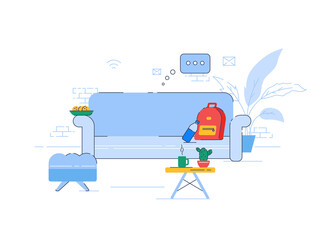 Sticker - Living room semi flat RGB color vector illustration. Comfortable couch in apartment isolated cartoon objects on white background. Freelancer workplace, office lounge zone. Indoor recreation, home rest