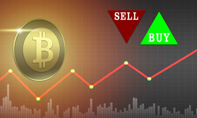 Poster - Fluctuations in bitcoin exchange rates. Cryptocurrency trading. Arrows labeled Buy and Sell. Strategies in the cryptocurrency market. Investing in bitcoins.