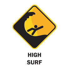 Beach Safety Signs With High Surf Warning Text. Vector Illustration