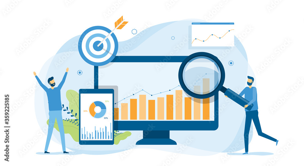 business people analytics and monitoring on web report dashboard monitor concept and vector illustration design for web landing banner background  - obrazy, fototapety, plakaty 