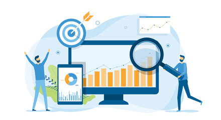 Fototapete - business people analytics and monitoring on web report dashboard monitor concept and vector illustration design for web landing banner background 