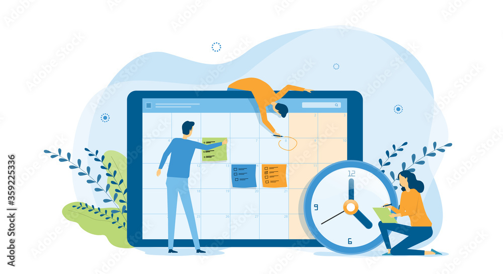 flat design concept people team working for business schedule planning with online calendar 
and vector illustration design for web landing banner background concept  
 - obrazy, fototapety, plakaty 