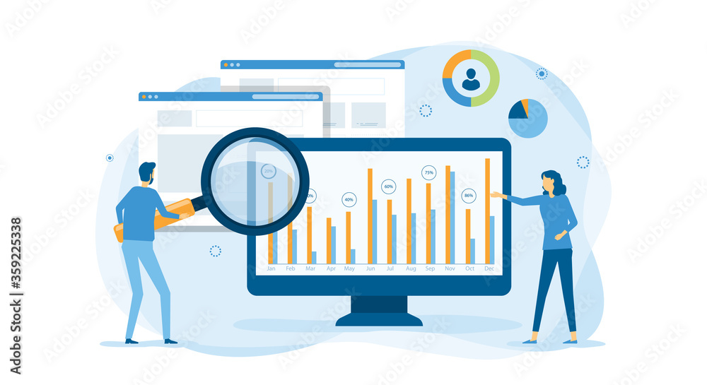 flat business people working analytics and monitoring research on web report dashboard monitor and vector illustration design banner concept for website traffic analytics  - obrazy, fototapety, plakaty 
