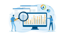 Flat Business People Working Analytics And Monitoring Research On Web Report Dashboard Monitor And Vector Illustration Design Banner Concept For Website Traffic Analytics 