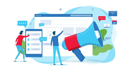 Aufkleber - Flat illustration design concept website promoting for digital marketing business web landing banner background with and people team working