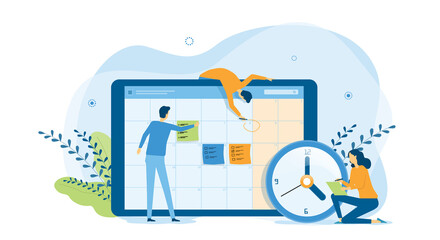 Poster - flat design concept people team working for business schedule planning with online calendar 
and vector illustration design for web landing banner background concept  
