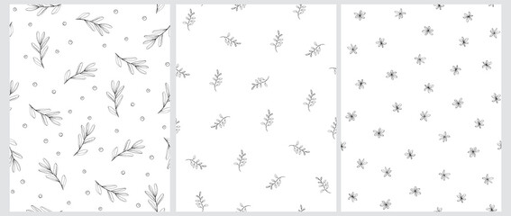 Wall Mural - Delicate Floral Seamless Vector Pattern with Hand Drawn Green Olive Twigs, Wild Flowers and Leaves Isolated on a White Background. Retro Style Delicate Black Sketched Floral Print. 