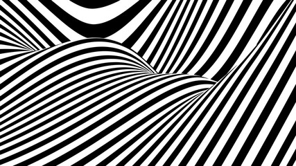 Poster - Abstract wave of white and black curved lines. Hallucination. Optical illusion. Twisted illustration. Futuristic background of lines. Dynamic wave. Vector.