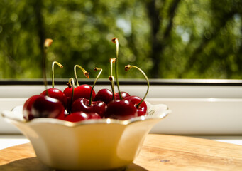 Red ripe juicy sweet cherry lies in a plate on a green natural background.