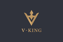 Initial Letter V Logo. Gold Geometric Shape V Letter With Crown Icon Combination Isolated On Luxury Background. Usable For Business And Branding Logos. Flat Vector Logo Design Template Element.