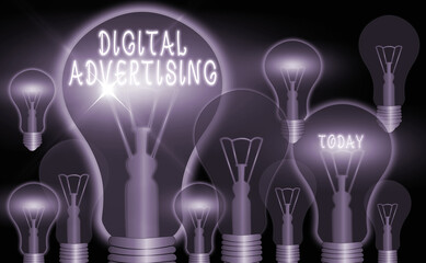 Fototapete - Writing note showing Digital Advertising. Business concept for when business leverage Internet technologies to promote Realistic colored vintage light bulbs, idea sign solution