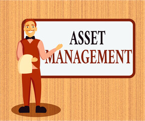 Poster - Word writing text Asset Management. Business photo showcasing precise handling of resources for future economic benefits Male Waiter Smiling Standing in Uniform Hand Presenting Blank Menu Board