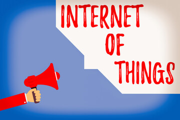 Poster - Word writing text Internet Of Things. Business photo showcasing network connections innovative manufacturing and smart industry Hu analysis Hand Holding Megaphone and Blank Geometric shape Half Speech
