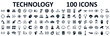 Set of 100 technology icons. Industry 4.0 concept factory of the future. Technology progress: 5g, ai, robot, iot, near field communication, programming and many more - stock vector