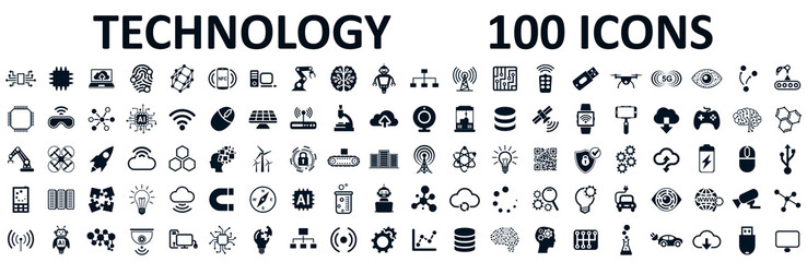 Set of 100 technology icons. Industry 4.0 concept factory of the future. Technology progress: 5g, ai, robot, iot, near field communication, programming and many more - stock vector