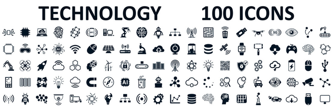 set of 100 technology icons. industry 4.0 concept factory of the future. technology progress: 5g, ai
