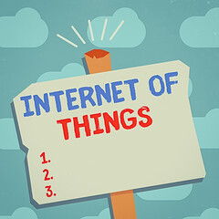 Poster - Text sign showing Internet Of Things. Business photo text network connections innovative manufacturing and smart industry Blank Old Weathered Signpost Geometrical Shape Halftone with One stand