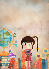 Wall Mural - Watercolor school background witch girl