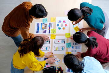 Wall Mural - brainstorm planing creative asian teamwork, group of asia mobile phone app developer team meeting fo