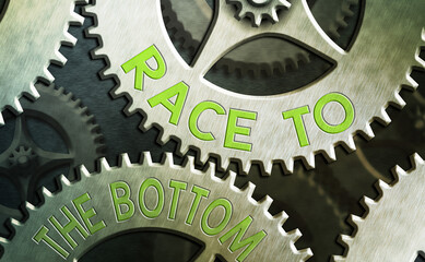 Poster - Writing note showing Race To The Bottom. Business concept for competition of companies Sacrifice qualities standards