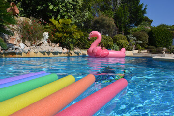 swimming pool with young woman floating on an inflatable pink flamingo, checking her phone, and brig
