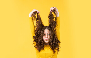 Nice and tidy hairstyle. Girl active kid with long gorgeous hair. Extra fresh dry shampoo. happy girl with long windy hair. healthy and strong hair. hairdresser beauty salon