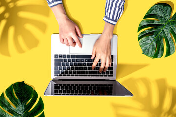 Person using a laptop computer with tropical leaves from above