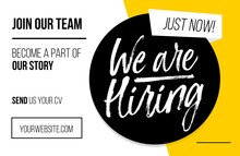 We Are Hiring Vacancy Advertisement Template. Trendy Job Vacancy Banner, Poster Or Flyer With Yellow, White And Black Colors. Minimalistic Recruitment Creative Ad. Vector Illustration