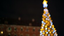 Warsaw, Poland Old Town Warszawa At Night Christmas Illumination Decoration Lights On Royal Castle Square Blurry Abstract Background Seamless Loop Cinemagraph