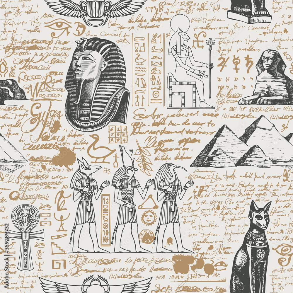 Ancient Egypt seamless pattern with hand-drawn Egyptian gods and ...