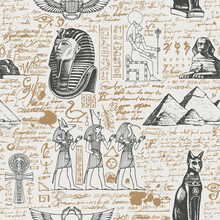 Ancient Egypt Seamless Pattern With Hand-drawn Egyptian Gods And Unreadable Scribbles In Retro Style. Vector Abstract Repeating Background. Suitable For Wallpaper, Wrapping Paper, Fabric