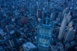 Aerial view of New York City skyline at sunset with both midtown and downtown Manhattan