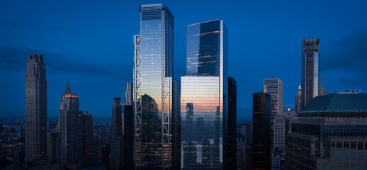 Wall Mural - Aerial view of New York City skyline at sunset with both midtown, and downtown Manhattan