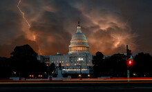 Lightning With Dramatic Clouds On United States Capitol Building In Washington DC USA