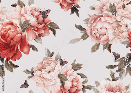 Nowoczesny obraz na płótnie Seamless floral pattern with peony flowers on summer background, watercolor. Template design for textiles, interior, clothes, wallpaper. Botanical art