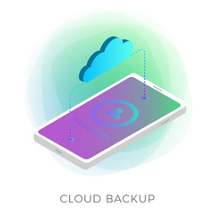 Wall Mural - Cloud Backup flat vector icon with mobile smartphone and cloud that exchange data (upload and update photos, contacts, notes, and private personal information). Isometric cloud storage concept